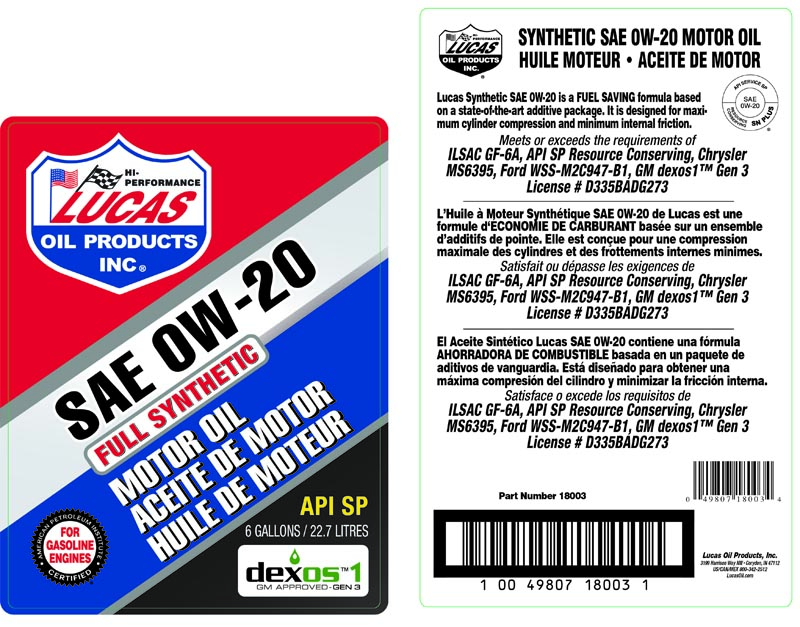 Syn 0W-20 Motor Oil -BIB (Label)