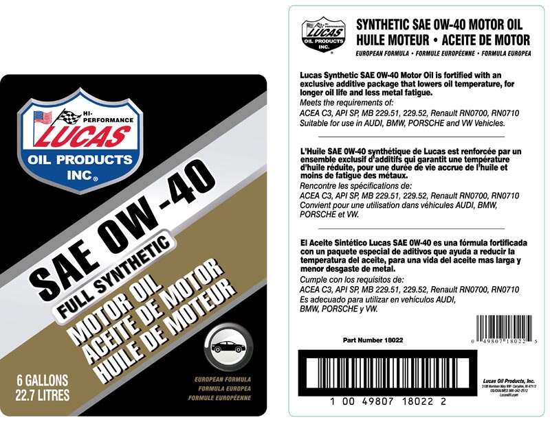 Syn 0W-40 European Oil - BIB (Label)