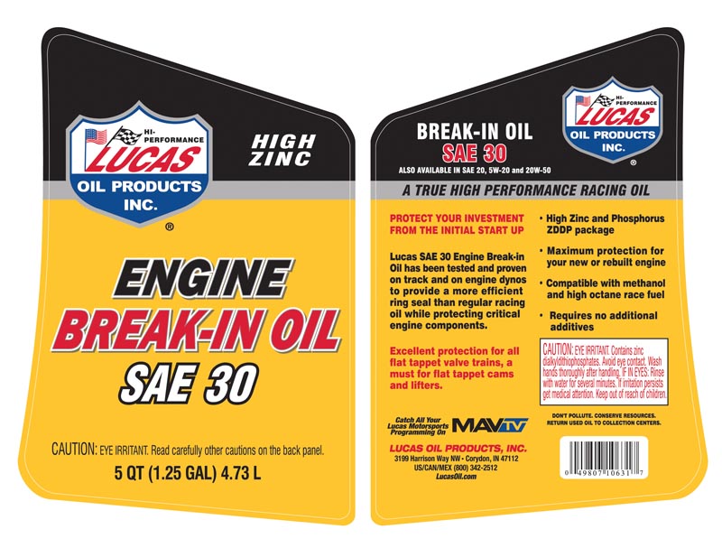 Engine Break-In Oil SAE30 gallon label