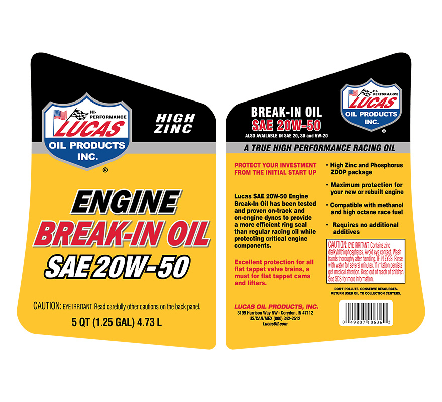 Engine Break-In Oil SAE 20w-50 gallon label