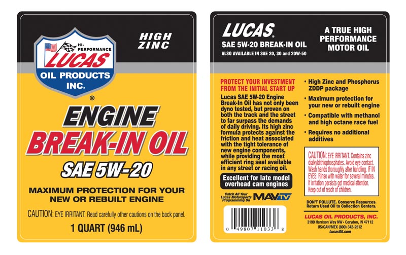 Engine Break-In Oil SAE 5w-20 quart label