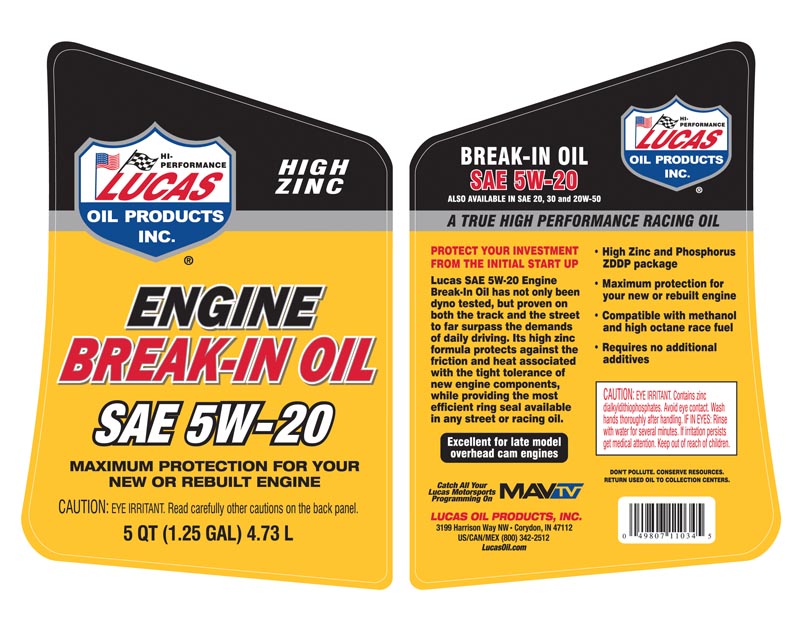 Engine Break-In Oil SAE 5w-20 gallon label