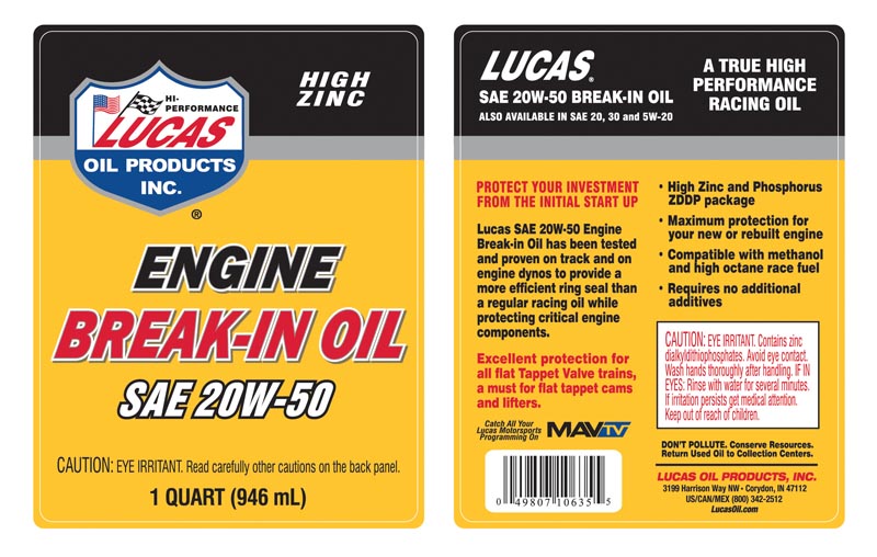 Engine Break-In Oil SAE 20w-50 quart label