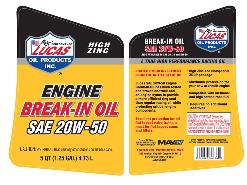 Engine Break-In Oil SAE 20w-50 gallon label