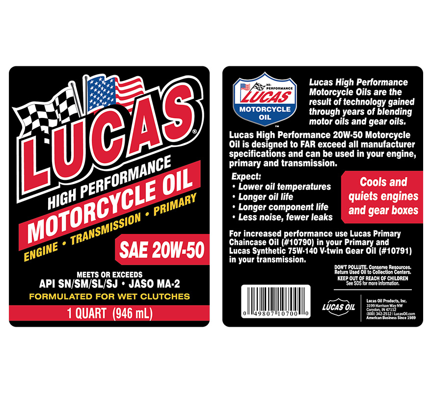 High Performance Conventional Motorcycle Oil 20w-50 label