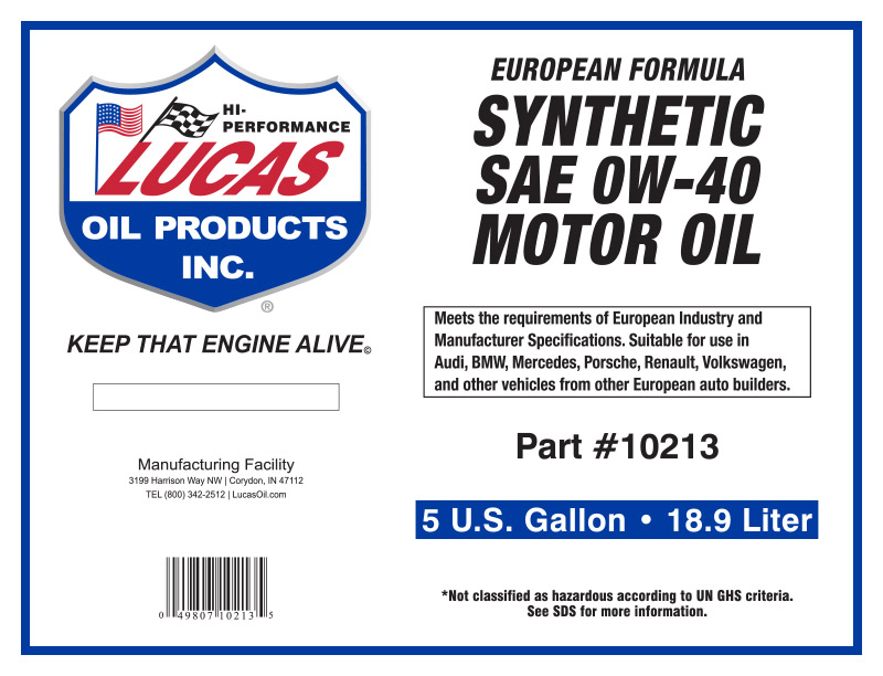 Synthetic SAE 0W-40 Pail Label