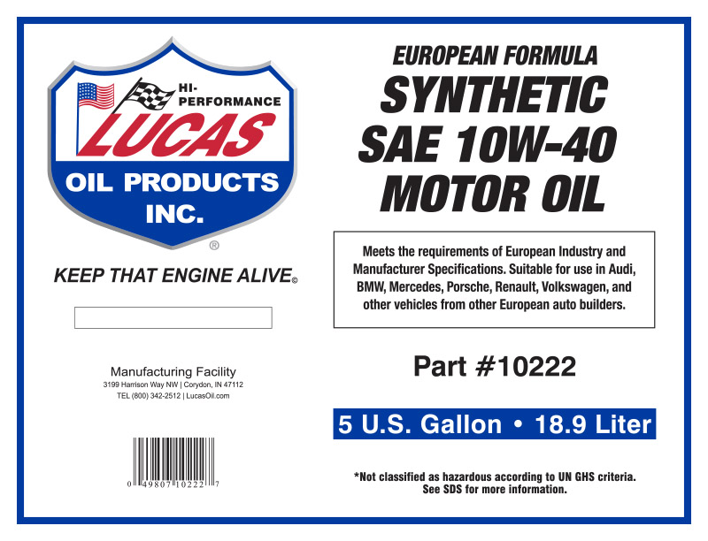 Synthetic SAE 10W-40 Pail Label