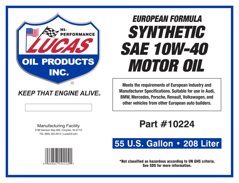 Synthetic SAE 10W-40 Drum Label