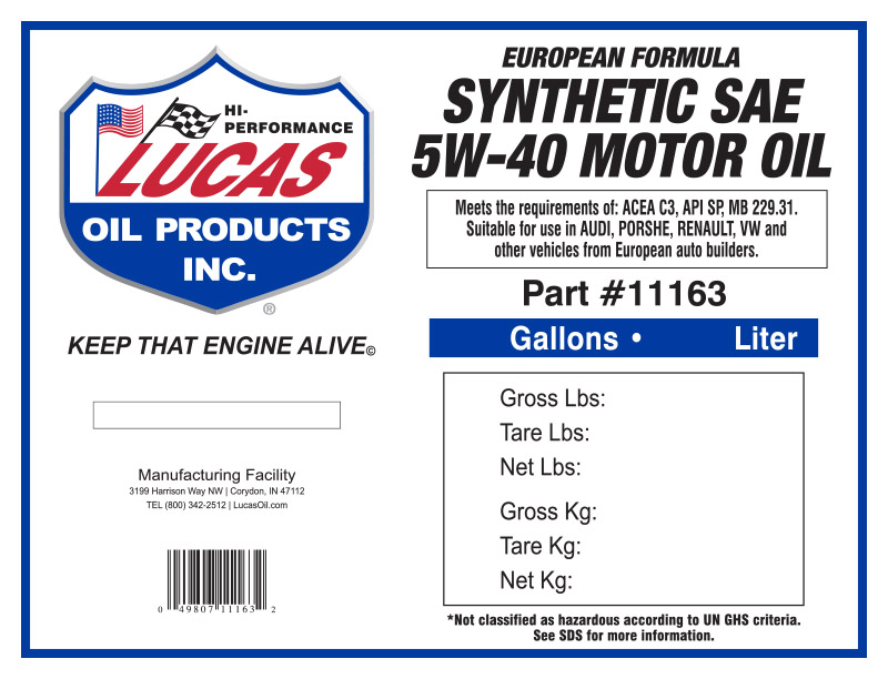 Synthetic SAE 5W-40 Tote Label