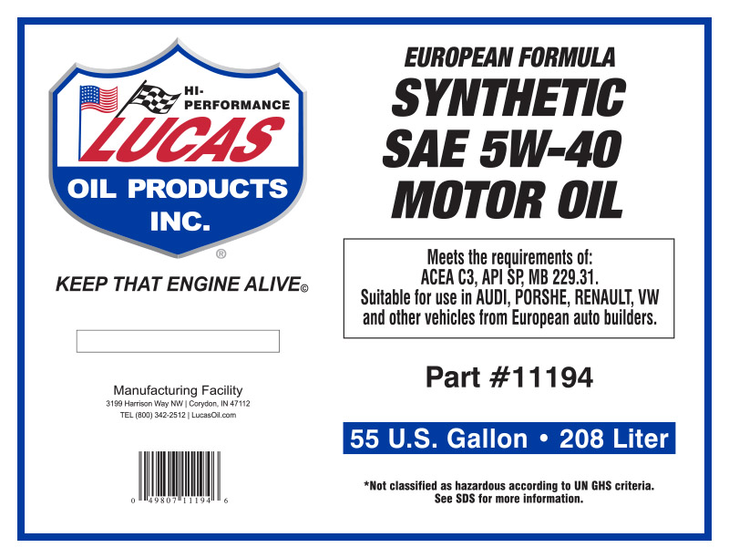 Synthetic SAE 5W-40 Drum Label