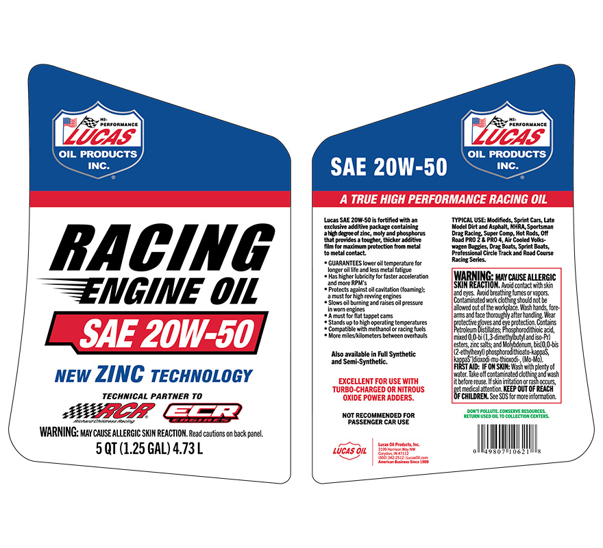 SAE 20W-50 Racing Only Motor Oil - 5 Quart (Label)
