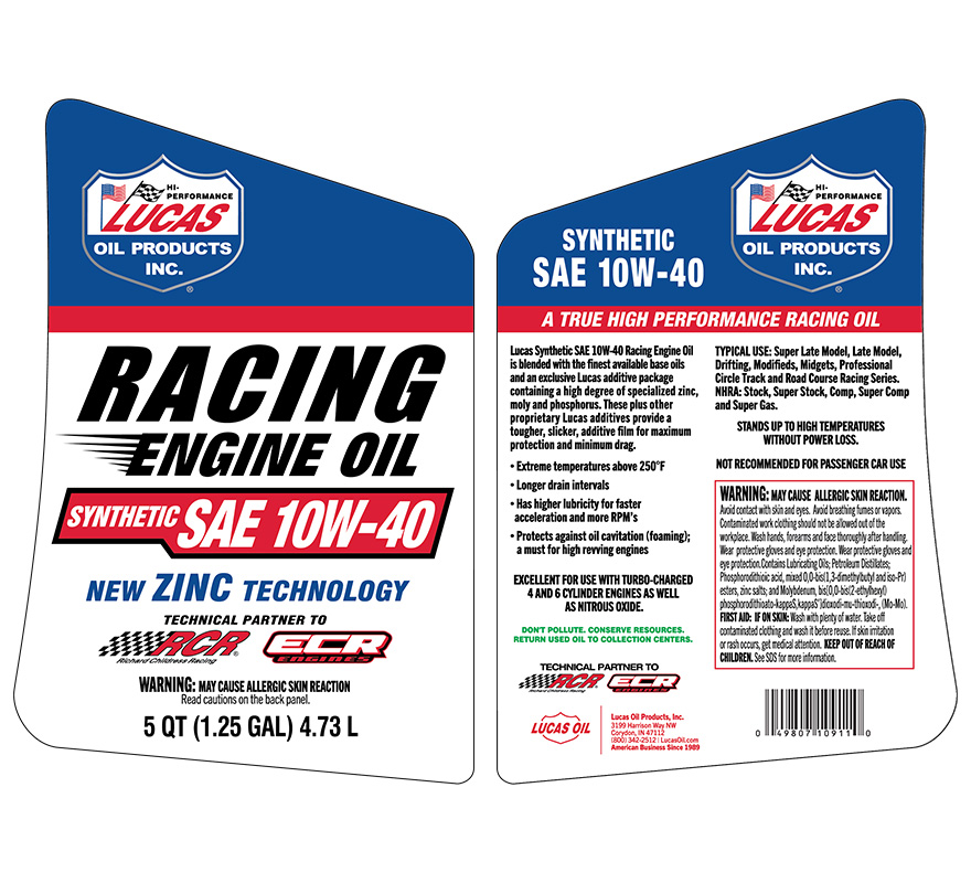 Syn SAE 10W-40 Racing Only Motor Oil - 5 Quart (Label)