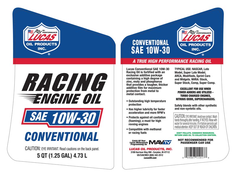 SAE 10W-30 Racing Only Motor Oil - 5 Quart (Label)