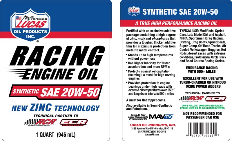 Syn SAE 20W-50 Racing Only Motor Oil - Quart (Label)