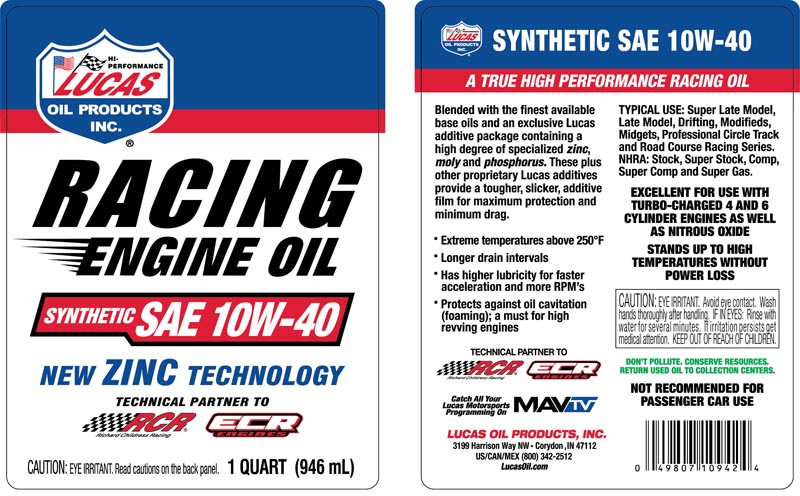 Syn SAE 10W-40 Racing Only Motor Oil - Quart (Label)