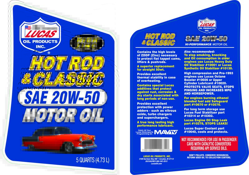 Hot Rod Oil 20W-50 Motor Oil - 5 Quart (Label)
