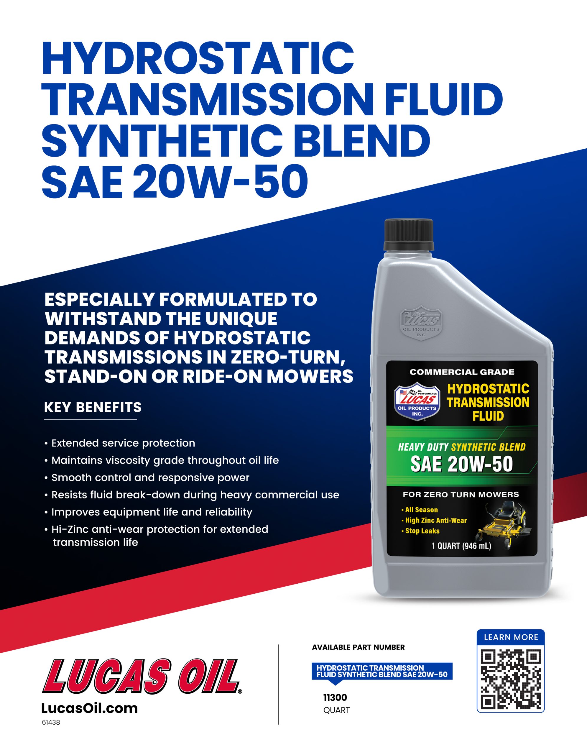 Hydrostatic Transmission Fluid Synthetic Blend SAE 20W50 Lucas Oil