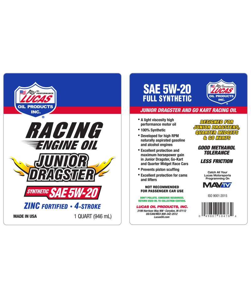 Jr Dragster Oil Syn SAE 5W-20 - Quart (Label)