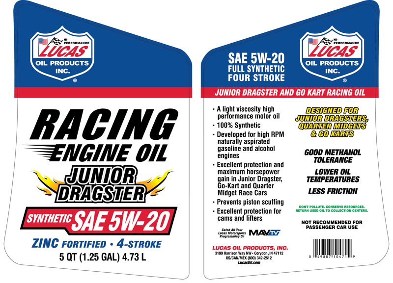 Jr Dragster Oil Syn SAE 5W-20 - 5 Quart (Label)