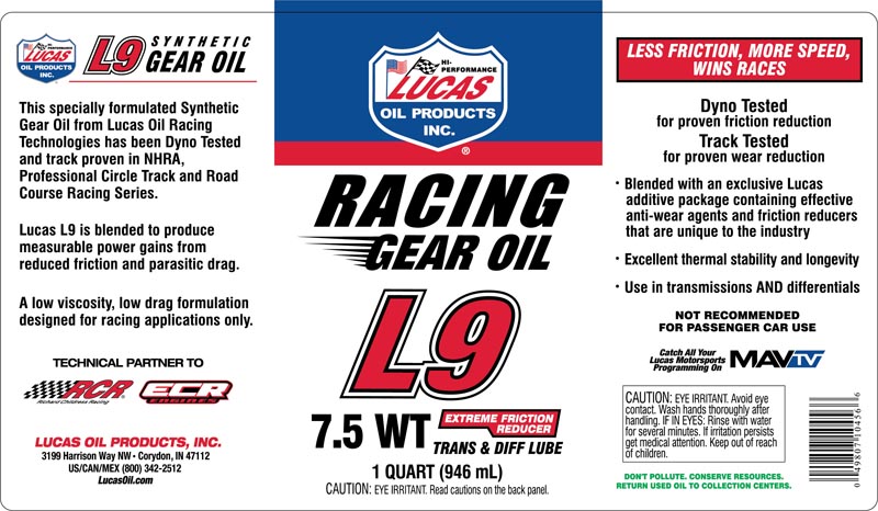 L 9 Racing Gear Oil quart label