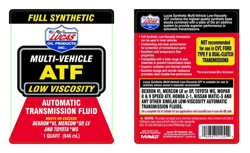 Low Viscosity Synthetic Multi-Vehicle Automatic Transmission Fluid - Quart (Label)