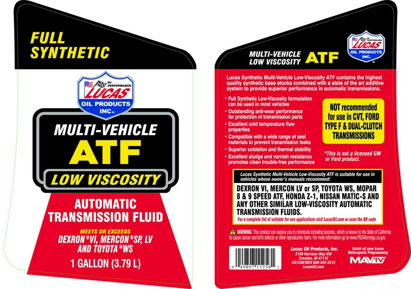Low Viscosity Synthetic Multi-Vehicle Automatic Transmission Fluid - Gallon (Label)