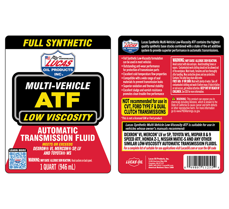 Low Viscosity Synthetic Multi-Vehicle Automatic Transmission Fluid - Quart (Label)