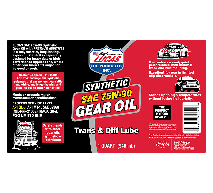 Synthetic SAE 75W-90 Gear Oil 32oz label