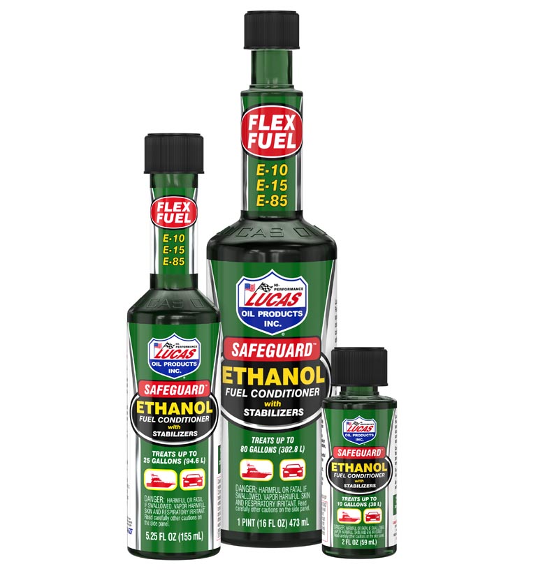 Three sizes of bottles of Lucas Oil Safeguard Ethanol Fuel Conditioner.