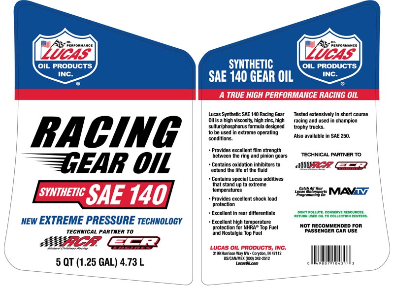 Synthetic SAE 140 Racing Gear Oil 5qt label
