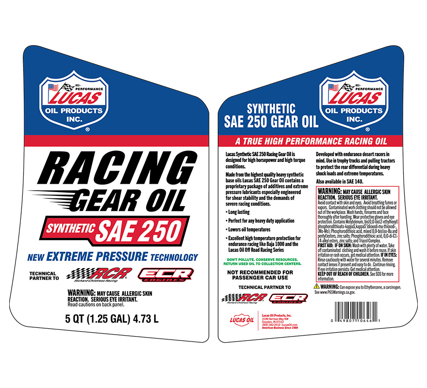 Synthetic SAE 250 Racing Gear Oil 5qt label